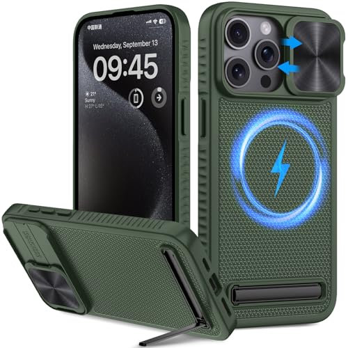 Vihibii Magnetic Case for iPhone 15 Pro Max Compatible with MagSafe, Built-in Kickstand & Slide Camera Cover, Military-Grade Protection Protective Rugged Phone Case for iPhone 15 Pro Max 2023, Green