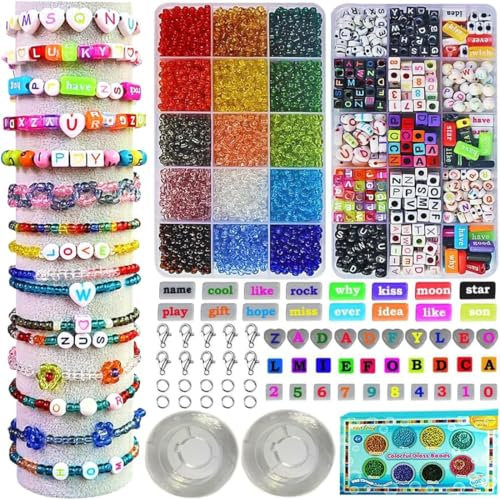 Ewparts 5500 Stück Perlen für Armbänder 4mm Bunte Glasperln Selber Machen Set Buchstaben Perlen Set Schmuck Perlen Auffädeln Perlenset für Armbänder Halskette für Kinder Freundschaftsarmbänder