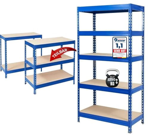 Floordirekt Schwerlastregal - Steckregal, Kellerregal, Lagerregal, Werkbank - Traglast bis 1250 kg - Schnelle Montage (Blau, 180 x 90 x 60 cm)
