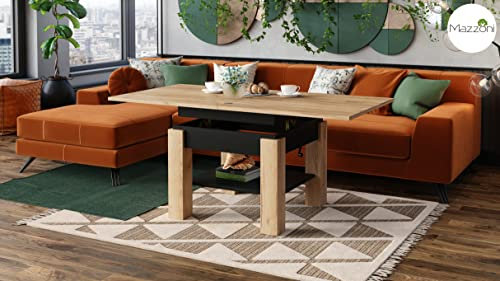 designimpex Design Couchtisch Tisch Cleo stufenlos höhenverstellbar 57-69cm aufklappbar 75 / 150cm Esstisch, Farbe:Eiche Gold Craft - Schwarz matt