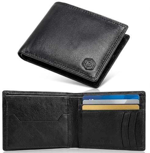 MOIRENTO Mens Black Leather Passcase Wallet - RFID Blocking Credit Card Holder Wallet Trifold Bifold Anti Scan/Fraud Proof Window ID Holder with Contact Less Card Protection UK SP6BLK