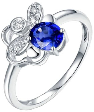 Partnerringe für Sie und Ihn mit Gravur, Blaue Ringe Damen 18 Karat Weißgold Schmetterling Lab Saphir 0.55Ct Ovalschliff Vvs mit 3 Diamant Ct Weiß