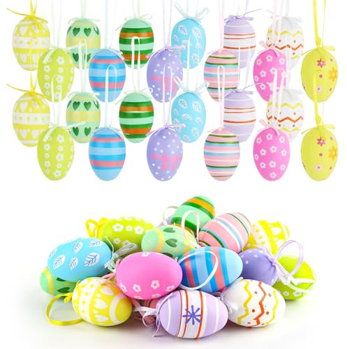 HOCUCHELAND 24 Stück Ostereier zum Aufhängen, Bunte Ostereier Plastik mit Bänder und Exquisite Muster, Osterschmuck zum Aufhängen Ostereier Einzigartig für Draußen und Innen Deko, Geschenk