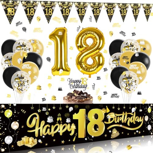 GoldRock Deko 18. Geburtstag Mädchen Junge Set mit Led Lichterkette, 18 Geburtstag Deko Konfetti Banner Kuchendeko, Luftballons 18. Geburtstage Deko Gold, Deko 18 Geburtstage Girlande Geburtstagsdeko