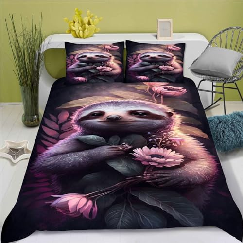 KIDSLOVE Faultier Bettwäsche 135x200cm Cartoon-Tier Faultier Bettbezug Microfaser Bedruckte Bettwäsche-Sets Bettbezug mit Reißverschluss, Microfibre for Children (135 x 200 cm,5)