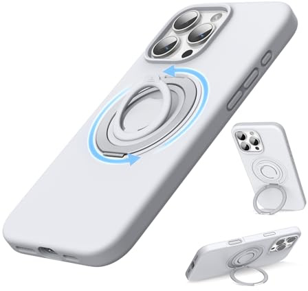 SURPHY Design for iPhone 16 Pro Case, with 360° Rotatable Magnetic Stand & Finger Ring, Liquid Silicone Phone Case for iPhone 16 Pro 6.3 inch 2024, White Titanium