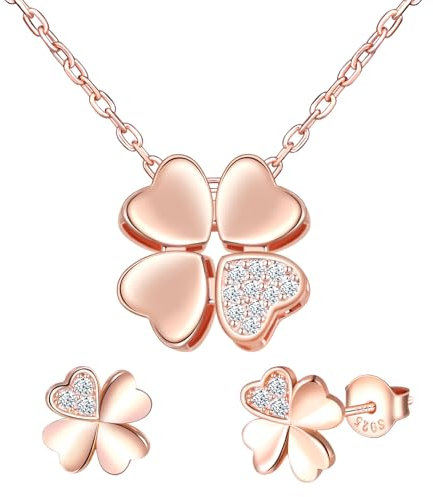 MICMIF Parure de bijoux trèfle en argent 925, Collier et boucles d'oreilles trèfle, plaqué or rose, Élégantes soirée bijoux zirconi à quatre feuilles pour femme filles