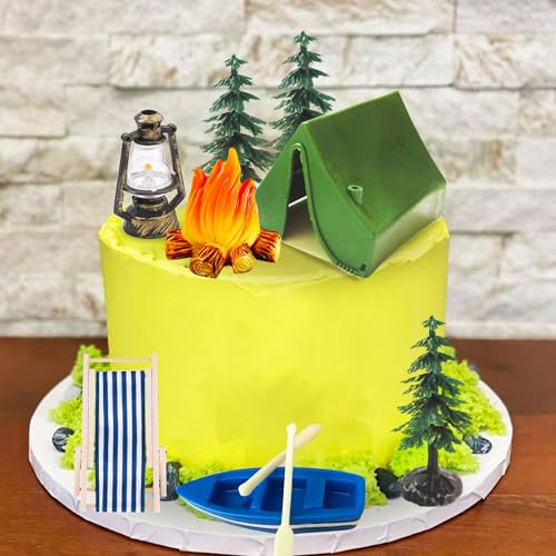 Roaring Good Time Camping Kuchen Dekoration Camp Deco Lagerfeuer Kanu Baum Eichhörnchen Hirsch Dekoration Camping geburtstagstorte für Sommer Camping Picknick Wandern Abenteuer Party