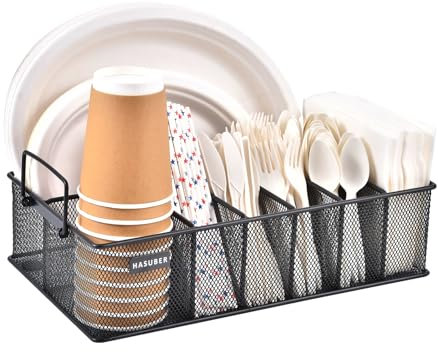Paper Plate Organizer with Handle, Metal Silverware Caddy for Kitchen Counter, Utensil Caddy Organizer with 7 Compartments for Plate, Cup, Napkin, Paper Plate Dispenser Caddy for Party, Picnic