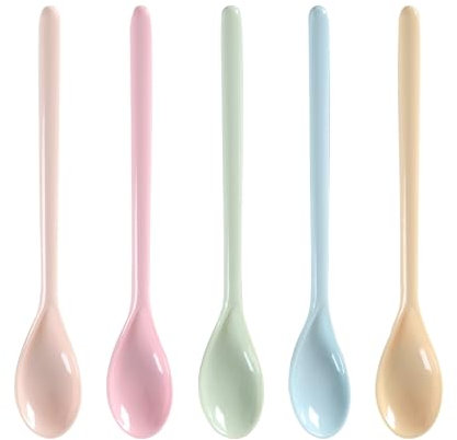 AIZHAZHA 5 Piezas Cuchara Larga Plastico, 18.5 cm Cucharas de Plástico de Colores, Cucharillas Cafe, Cucharas de Postre, Cucharas para Mezclar Café, Helado, Postre, Mermelada y Miel