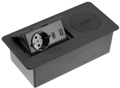 GTV Möbelsteckdose AVARO Plus, mit 5W Induktionsladegerät, USB-A und USB-C, kompakte Bauweise, Farben: Weiß, Schwarz, Aluminium, ideal für Home-Office und Büros