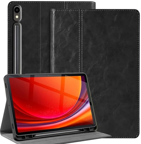 NANRUIL Hülle für Samsung Galaxy Tab S7/S8 11 Zoll Huelle 2020/2022(Modell:SM-X700/X706/T870/T875) Echtes Leder Tablet Schutzhülle Case Cover,mit S Pen Halter und Auto Wachen/Schlafen.Schwarz