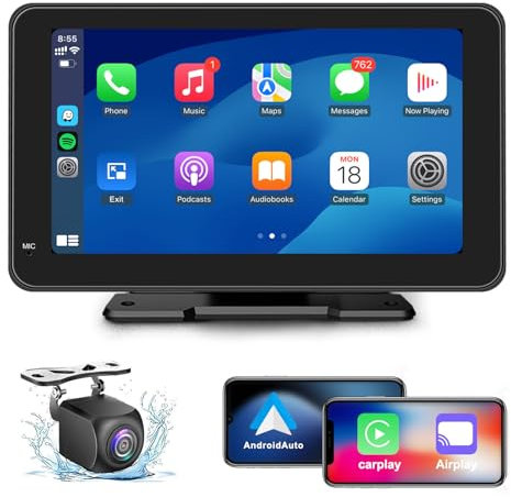 Nrsbring Senza Fili Autoradio, Wireless Carplay & Android Auto Portatile, 7 Pollici Stereo Auto HD Touch Screen, Mirror Link, GPS Navigation, FM, Siri, AUX, Airplay