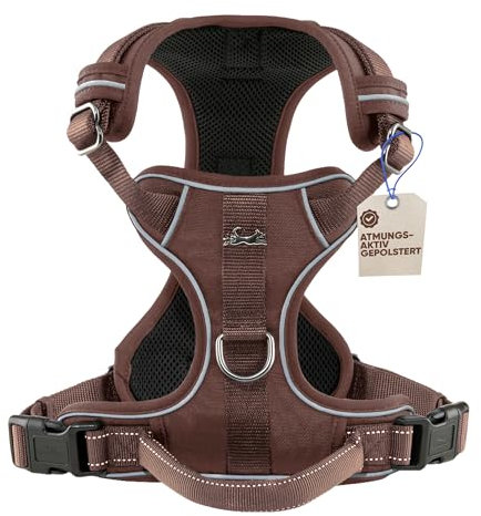 FREUDENTIER Hundegeschirr mit Griff, atmungsaktiv gepolstert - Bombenfester Sitz & maximale Sicherheit - Anti Zug Hundegeschirr kleine, mittelgroße & Grosse Hunde - Hunde Geschirr (Braun, XS)