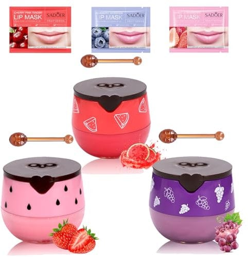 DOOCECIY 3 Pcs Bee Lip Balm Honey Pot with 3 Lip Mask, Fruity Moisturizing Honey Lip Balm Uk Lips