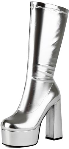Cocey Moda donna Minimalista Piattaforma 5cm Stivali alti al ginocchio, argento, 43 EU