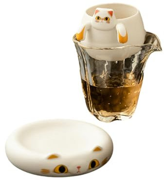 Cartoon-Teesieb mit niedlichem Katzen-Motiv, Keramik-Tee-Filter – Tassen-Untertasse + Teesieb + Begonien-Tasse