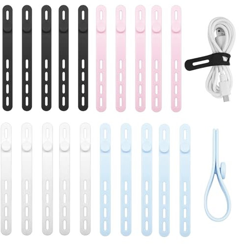 20Pack Silicone Cable Ties, Reusable Cable Straps Organizers，Washable Cord Organizer Wrap, Elastic Adjustable Wire Ties Management for Earphone Phone Charger Cable Computer
