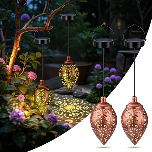 2 Stück Solarlaterne für Außen, Metall LED Solar Laterne Aussen Hängend, Vintage Orientalische Solarlampen Draußen, IP65 Wasserdicht Solarleuchten für Garten, Balkon, Terrasse, Baum, Deko, Warmweiß