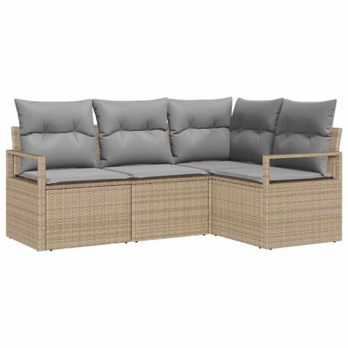 vidaXL 4-teiliges Garten-Sofa-Set mit Kissen in Beige aus Poly Rattan – modulares Outdoor-Sitzmöbel, wetterfest für Balkon und Terrasse, Moderne Lounge-Anordnung