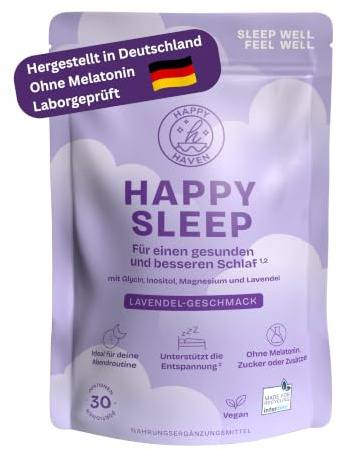 Happy Sleep Pulver - Besser schlafen ohne Melatonin - Natürliche Einschlafhilfe Erwachsene - Mit Magnesium, Lavendel-Extrakt, Glycin & Inositol - 30 Portionen - Zuckerfrei - Vegan - Lavendel-Geschmack