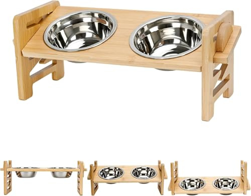 KARBAG Raised Dog Bowls with Stand,6-Level Adjustable Raised Elevated Dog Bowls Bamboo Dog Feeding Station Foldable with 2 Stainless Steel Pet Bowl Bamboo Dog Bowl Stand for Small Medium Dogs Cats
