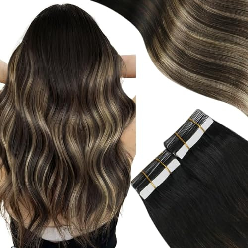 Moresoo Tape in Human Hair Extensions 18 Inch Ombre Dark Brown with Caramel Blonde Tape in Hair Extensions Natural Black Root 20pcs 50G #1B/3/27