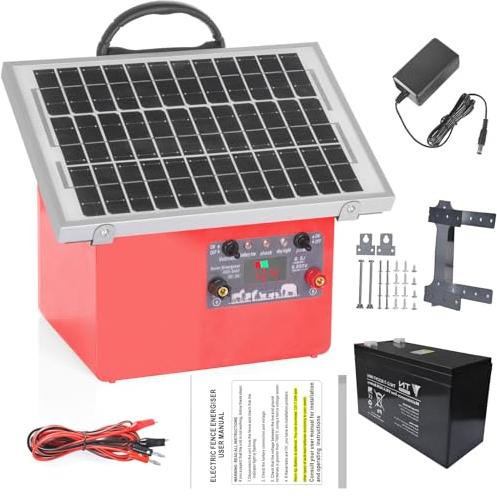 12 V Weidezaungerät Solar, 0,5J/9,5KV Elektrozaungerät für 2 bis 32 km, inkl. 5W-Solarpanel, 12V 7Ah Blei-Akku & Erdungsset für Geflügel, Vieh, Haustiere, Steuergerät zum Schutz von Gärten (Rot)