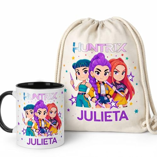 Gifters | Coffret Cadeau Personnalisé pour Fille avec Prénom | Mug Céramique 325 ml + Sac à Dos Cordon | Design Exclusif style KPOP | Cadeau Anniversaire, Communion, Noël, École