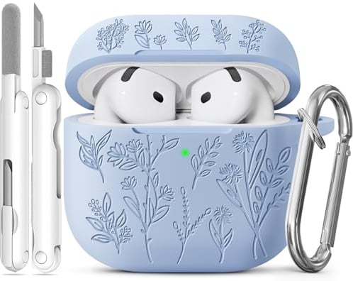 Joremx Silikon Niedliches Grasmuster Hülle (Hellblau-für AirPods 4) | Case mit entzückendem lasergraviertem Pflanzenmuster, Damen & Mädchen Schutzhülle, inkl. Reinigungsset & Schlüsselanhänger