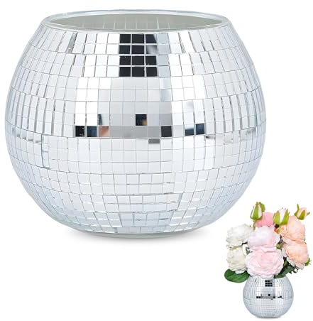 Disco Ball Planter, 12x9cm Silver Mirror Ball Planter Holder Flower Pot, Tea Light Holder Small Silver Glass Mirror Balls Plant Pot Cactus Succulent Flower Pot Disco Decor for Small Plant Party Office