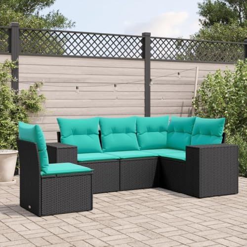 LoogCape 5-teiliges Gartensofa-Set aus schwarzem Polyrattan, modulares Design mit blauen Kissen, wetterfest für Terrasse und Balkon, Bequeme Outdoor-Sitzgruppe