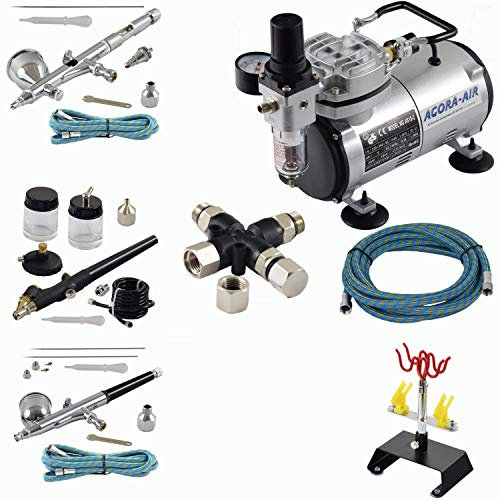 Agora-Tec® Airbrush Komplett-Set EXPERT X.13, Komplett-Set für Airbrush, inkl. Kompressor mit 4 bar und 20l/min + 3 Airbrushpistolen mit verschiedenen Nadeln/Düsen + 3-fach Luftdruckverteiler + 4-fach-Halter + 3 Schläuche +Adapter