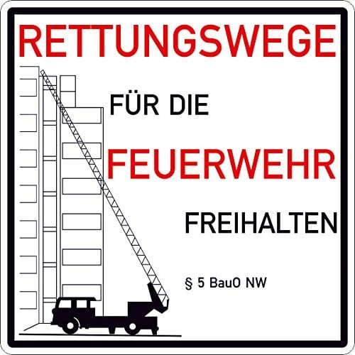 Hinweisschild für Feuerwehrzufahrten Rettungswege für die Feuerwehr freihalten § 5 BauO NW Größe (BxH): 50,0 x 50,0 cm 2,0 mm Aluminium, polyesterbeschichtet
