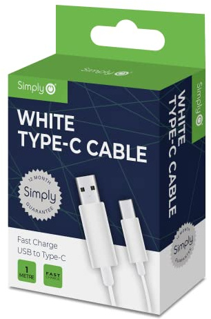 Simply ICTC02 Type C to USB 1 m Long Nylon Charging Cable for Samsung, HTC, LG & Other Smartphones & Playstation 5/XboxOne & Series X Controllers, White