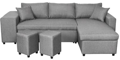 UsineStreet Oslo Ecksofa, ausziehbar, hellgrau, mit Truhe und Hocker – Winkel – Links