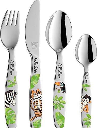 Couverts pour enfant avec gravure du nom/motif JUNGLE (version en couleur) - Marque : Zwilling / 4 pièces (tous les 4 avec nom gravé) / en acier inoxydable/gravure au choix