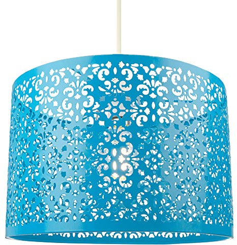Unique Moroccan Designed Matt Teal Metal Circular Pendant Light Shade with Floral Decor | 30cm Diameter | Maximum 60watt Bulb Allowed by Happy Homewares