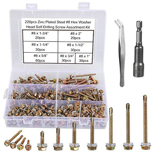 FandWay 220Pcs Self Tapping Screws for Metal,M4.2 Self Drilling Screws for Steel,Hex Head Tek Screw,Washer Head Sheet Metal Screw Galvanized for MetalWork Aluminum Wood Plastics.