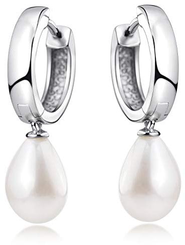 MATERIA Damen Creolen mit Anhänger Perle - 925 Sterling-Silber Perlenohrringe weiß rhodiniert 15mm SO-431