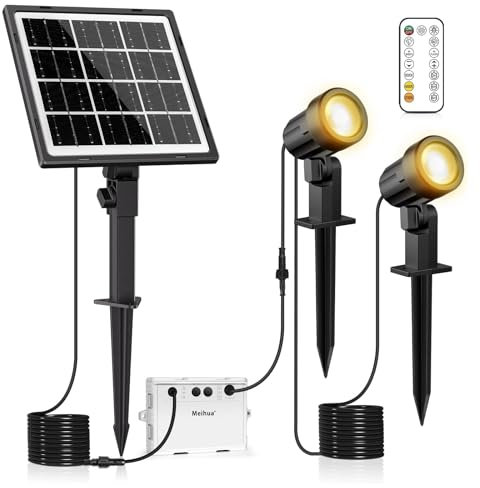 MEIHUA Solarstrahler für Außen 2700K-6000K mit Fernsteuerung 3 Helligkeit Einstellbar 2 Dynamische Modi IP66 Wasserdichte Solarlampen für außen Timer Gartenleuchte für Haus, Sträucher, Bäume 2 Stück