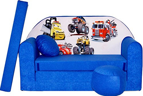 All4All Kindersofa Klappsofa - Schlafsofa 3in1 - Velo - Spielsofa für Kinder - Sofa zum Aufklappen - mit Pouf - faltbar - zum Schlafen – Schaumstoff Sofa (C14 Blau mit Autos)