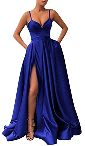 ORANDESIGNE Robe Longue en Satin et Dentelle pour Femme - Bretelles Spaghetti, Dos Nu, Col en V, Fente Élégante - Soirée, Banquet - Bleu Lilas - Taille M