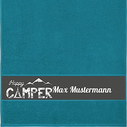 Manutextur Handtuch mit Namen - personalisiert - Motiv Happy Camper - viele Farben & Motive - Dusch-Handtuch - Petrol - Größe 50x100 cm - persönliches Geschenk mit Wunsch-Motiv und Wunsch-Name