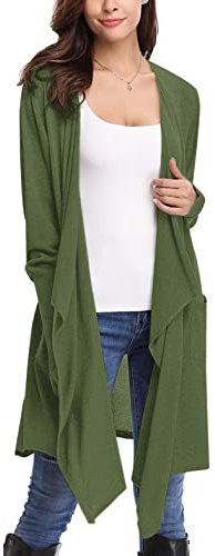 Irevial Cardigan Donna Lungo Primavera a Maniche Lunghe Elegante Leggero Lavorato Top Orlo Irregolare Militare Verde S