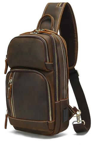 LANNSYNE Herren Vintage EchtLeder Umhängetasche Crossbody Chest Daypack für 10,5 iPad