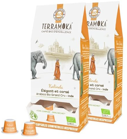 TERRAMOKA 120 Capsules Café Bio d’excellence 100% Pur Arabica d’Inde de Bourbon - Compatible avec les machines à Capsules Nespresso - Faible en acidité et corsé- Zéro Déchet - Torréfié en France