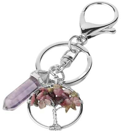 ZDHC Schlüsselanhänger mit Anhänger Baum des Lebens, sechseckiger Edelstein, Energie, Heilpunkt, Chakra, Violett, Turmalin, One size