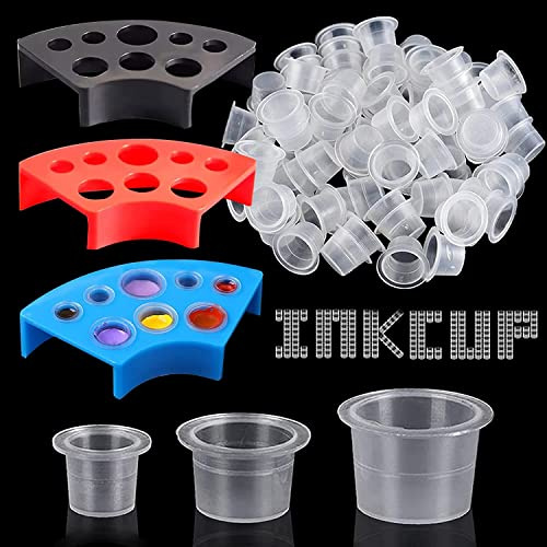 300pcs Tattoo Farbkappen Cups mit 3 Cups Halterungen - Emalla 100 kleine 100 mittlere 100 große Tattoo Tintenbecher +3 Farben Cups Halter für Tattoo Tinte Permanent Makeup Tattoo Zubehör