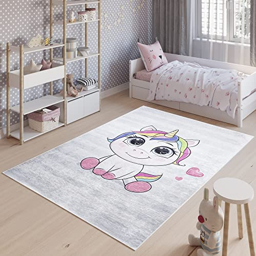 TAPISO Emma Teppich Waschbar bei 30 Grad Grau Einhorn Regenbogen bedruckter Kinderteppich Antirutsch Kinderzimmer Jugendzimmer Modern ÖKO-TEX 140 x 200 cm